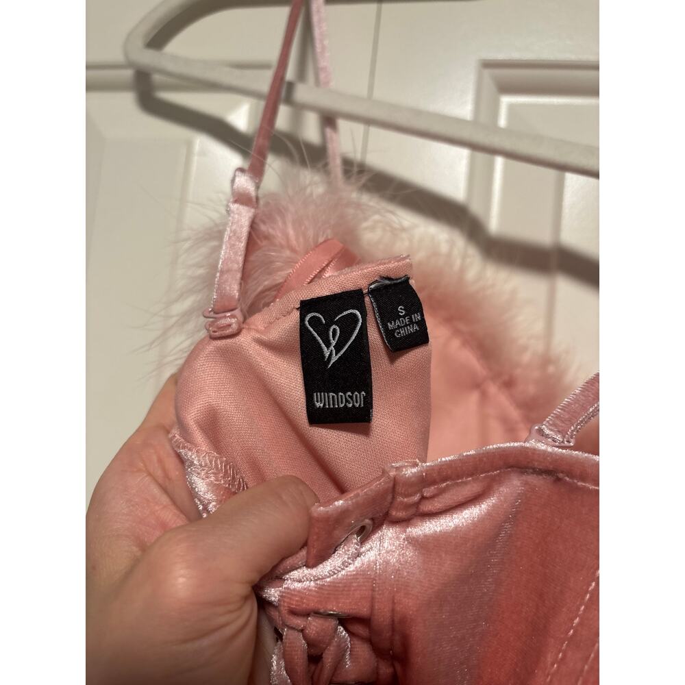Windsor Pink Velvet Feather Trim Bodysuit Size S - Picture 7 of 7